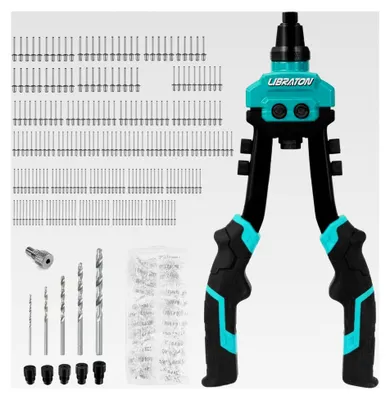 Produktbild von Zweihand-Popnietenzange Set mit 250 Aluminiumnieten, 5 Werkzeuglos austauschbaren Düsen und 5 HSS-Bohrern für Automobile und Metall