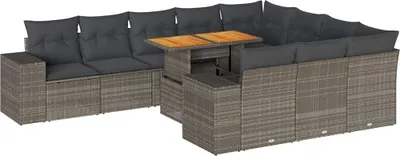 Imagen del producto de vidaXL Juego de 10 piezas de sofá de jardín con cojines, color gris, fabricado en ratán sintético y con patas de acacia