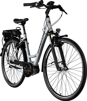 A silver electric bicycle is shown against a white background.