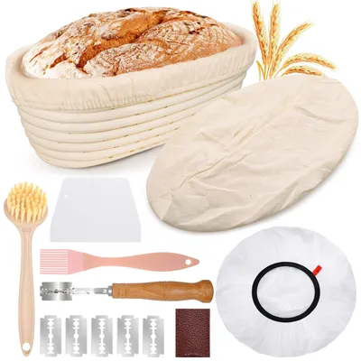 Immagine prodotto di Omgoods - Cesto per pane - Forma ovale, 28 cm - Realizzato in rattan naturale - Ideale per principianti - Include accessori - Perfetto per la panificazione