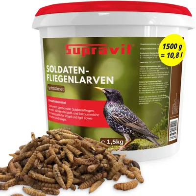Produktbild von Supravit Soldatenfliegenlarven getrocknet 1,5kg | Insektenfutter für Wildvögel, Igel, Fische, Reptilien & Eichhörnchen | Ohne Zusatzstoffe