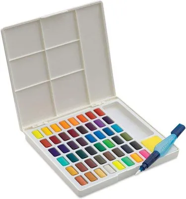 Productafbeelding van Aquarelverf in potjes met mengpalet en watertankpenseel - Set van 48 stuks
