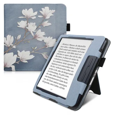 Produktbild von kwmobile Flip Cover kompatibel mit Kobo Libra H2O - Hülle mit Handschlaufe Magnolien Taupe Weiß Blaugrau