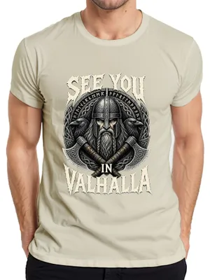 Immagine prodotto di T-shirt con la scritta "Ci vediamo a Valhalla", con immagini di guerrieri vichinghi, Odino, corvi e riferimenti alla mitologia norrena. Taglia: S