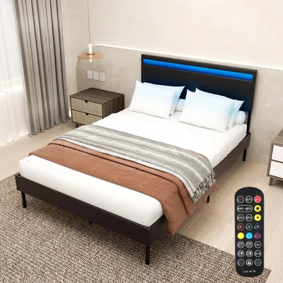 Produktbild von Faziango Polsterbett 140x200 cm Doppelbett mit LED-Kopfteil in Schwarz - Gepolstertes LED-Bett mit Lattenrost