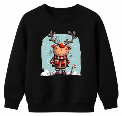 Imagen del producto de Rudolf Rentier, nariz roja, Navidad, divertido, bufanda, bastón de caramelo, sudadera con cuello redondo uni para niños, color negro, talla 128