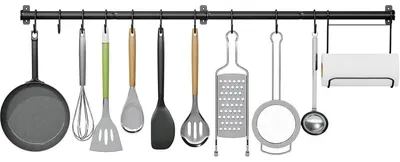 Immagine prodotto di Gancio a parete con 10 ganci a forma di S, lunghezza 110 cm, colore nero, materiale acciaio, capacità di carico 22 kg