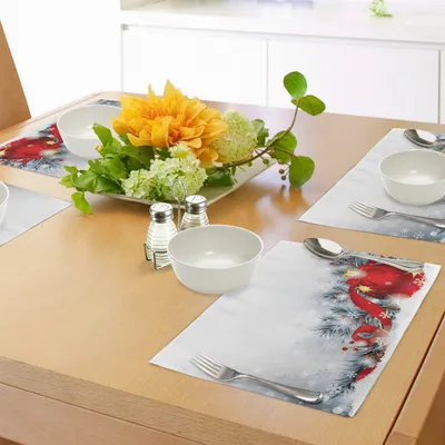 Immagine prodotto di Tovagliette natalizie ABAKUHAUS, disegno del Solstizio d'Inverno Noel con una grande palla e una stampa artistica di neve, tessuto lavabile per la sala da pranzo e la cucina, stampa digitale, Bianco