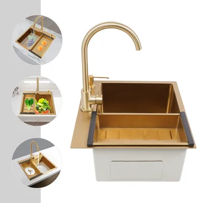Produktbild von Spülen 50*45*22cm Gold Küchenspüle mit Wasserhahn Abtropfkorb Seifenspender