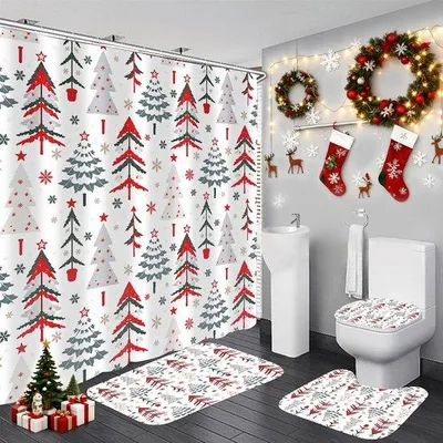 Immagine prodotto di Set di tende da doccia natalizie – Accessori per il bagno a tema albero di Natale – Tenda da doccia impermeabile + cuscino da bagno + tappetino da bagno + ganci – Decorazioni natalizie a tema invernale