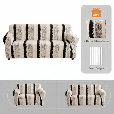 Produktbild von Plüsch Sofabezug für 2-Sitzer Sofa, Dicke Winter Sofaüberwurf, Weicher Sofaschoner mit 1 Passendem Kissenbezug, Schwarz