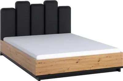 Produktbild von Doppelbett Ines 160x200 cm mit Bettkasten – Holzoptik & Schwarz, Polsterkopfteil, Metallrahmen, Stauraumbett Modern Loft (Ohne Matratze)