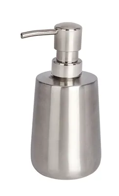 A silver soap dispenser on a white background.