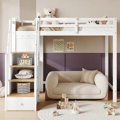Obrázek produktu pro MODFU Patrová postel Dětská postel 90x200 cm s barevně odlišeným ochranným zábradlím, psací stůl se 3 zásuvkami, 4-stupňová schodišťová skříň, otevřený regál, bílá + přírodní (bez matrace)