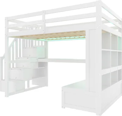 Obrázek produktu pro Podkrovní postel Sweiko 140x200 s psacím stolem a policemi, dvě integrované zásuvky, úložné schody, bílá