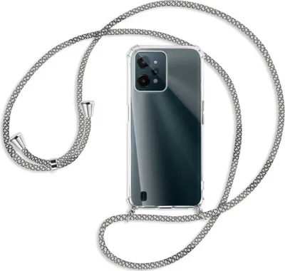 Produktbild von Handykette Backcover-Schutzhülle mit Band (Metall silberfarben) für Realme C31 - weiß/grau kariert
