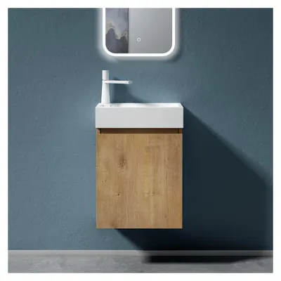 Produktbild von Badezimmermöbel Set Waschtisch mit Unterschrank für Gäste-WC 46 cm in Kerneiche Design Wandmontage