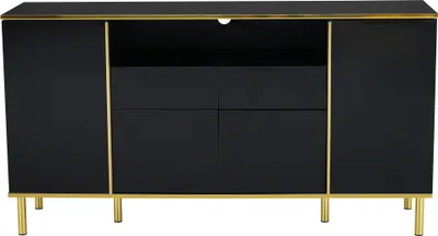 Produktbild von Merax Sideboard hochglanz mit LED-beleuchtung, Kommode mit goldenen Rahmen, Anrichte mit 4 Türen, Sideboard Schrank 150x40x80cm, Schwarz