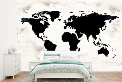 Produktbild von MuchoWow® Fototapete für Wohnzimmer oder Schlafzimmer Wandtapete Vinyl Motivtapete Weltkarte - Schwarz - Holz - 330x220 cm - Fototapeten