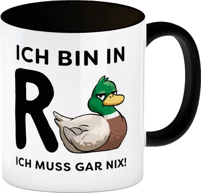 Produktbild von Ente Ruhestand Kaffeebecher in schwarz mit Spruch Ich bin in R-Ente Ich muss