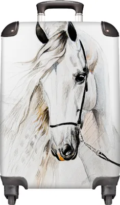 Obrázok produktu pre NoBoringSuitcases.com® Kufr Príručná batožina Vozík Kufr na kolieskach Malý cestovný kufor so 4 kolieskami - Horse - White - Illustration - Girl - Cabin Size < 55x40x23 cm & 55x40x20 cm - Foto kufor - Cabin kufor - Board luggage - Detský kufor - Detský vozík.