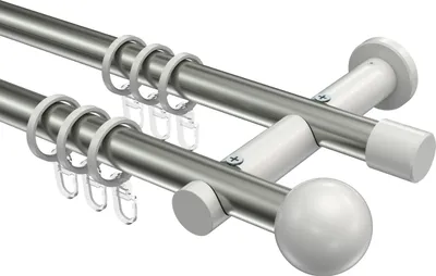 Produktbild von Interdeco Gardinenstange / Vorhangstange Edelstahl-Optik / Weiß, Typ Platon Luino (Kugel), 20 mm Ø 2-läufig, 360 cm