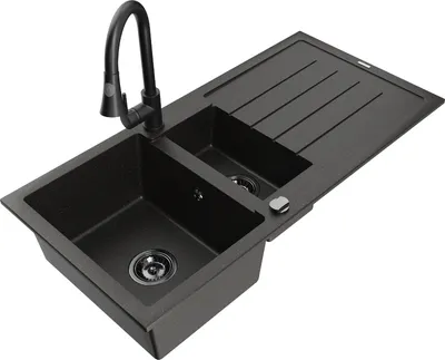Produktbild von Mexen Andres 1,5-Becken-Granitspüle mit Abtropffläche und Mischbatterie Elia, Schwarz/Gold metallisch - 6515-75-670101-70-B