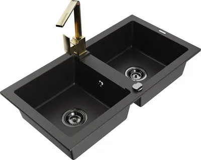Produktbild von Mexen Mario 2-Becken-Granitspüle mit Mischbatterie Rita, Schwarz/Gold metallisch - 6504-75-670300-50-B