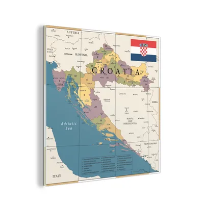 Obrázek produktu pro MuchoWow® Obrazy na skle - Nástěnné obrazy - Fotografie na skle Mapa Chorvatska s provinciemi a městy 50x50cm Nástěnná dekorace ze skla - akrylová malba na sklo