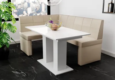 Produktbild von Eckbankgruppe 168x128 cm BLAKE R Stoff Soro Creme / Esstisch DANTE Weiß HGL