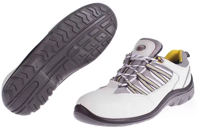 A pair of safety shoes and its sole are shown against a white background.