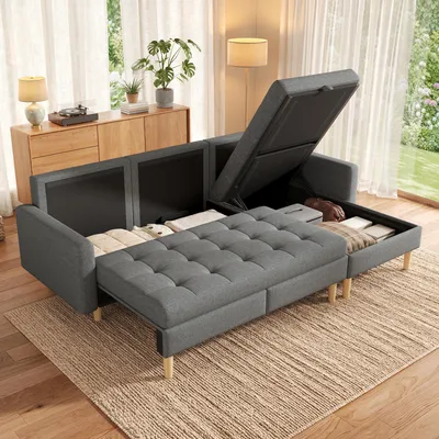 Zdjęcie produktu dla Narożnik Merax z solidnymi nóżkami z tworzywa sztucznego i schowkiem, sofa w kształcie litery L z odłączaną leżanką, trzyosobowa sofa z tkaniny flizelinowej, sofa do salonu, szara
