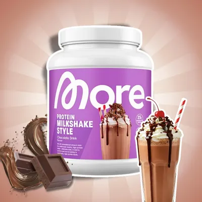 Produktbild von MORE Protein Milkshake Style Chocolate Drink 600 g – Proteinpulver mit Schokoladengeschmack + Heartforcards Versandschutz