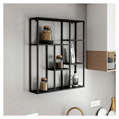 Produktbild von Wandregal Jämijärvi mit 7 Ablagefächern, Wandmontage, 90 x 75 x 18 cm, Schwarz