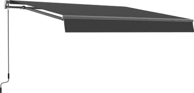 A dark gray retractable awning mounted on a wall, with a crank mechanism visible on the left.