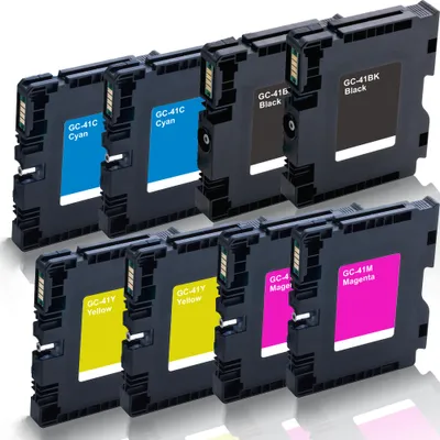 A set of printer ink cartridges arranged in two rows.