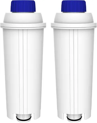 Two white water filter cartridges with blue caps are shown side-by-side against a white background.