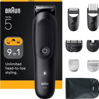Product packaging and accessories for a Braun Series 5 9-in-1 grooming kit.