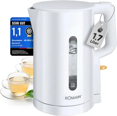 Produktbild von Elektrischer Wasserkocher 1,7 L, 2200 W, BPA-frei, Einhandbedienung, Wasserstandsanzeige, Kalkfilter, Überhitzungsschutz, schneller Kochvorgang, Weiß