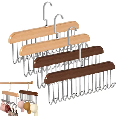 Imagen del producto de Soporte para corbatas de madera, juego de 4 unidades, color vintage natural, 8 ganchos, giratorio 360°, para armario