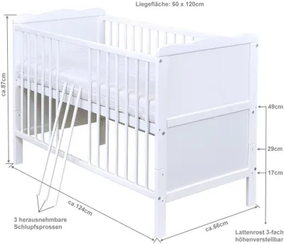 Produktbild von Baby-Delux Babybett Kinderbett Max 2in1 weiß 60x120 Kiefermassivholz, Komfort Matratze, Lattenrost, Beißschienen zum Schutz