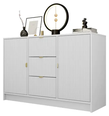 Produktbild von Kommode Tireno 2D3SZ mit 3 Schubladen und 2 Türen, geriffelte Fronten, B:118 x H:75 x T:40 cm, Highboard, Anrichte, Sideboard, Mehrzweckschrank, Wohnzimmerschrank (Weiß)