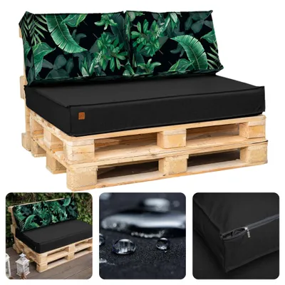 Produktbild von Palettenkissen 120 x 80 Set für Palettenmöbel Wasserdicht Europaletten Sitzkissen EU Palettensofa komplett besteht aus 3 Teilen in Farbe: schwarz mit grünen Blättern
