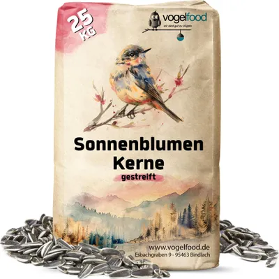 A bag of sunflower seeds for birds, with a watercolor illustration of a bird and a landscape.