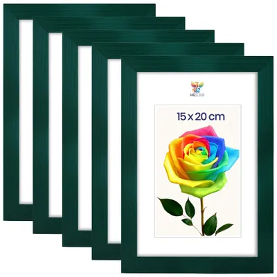 Produktbild von MG Design 5er Set Bilderrahmen 15 x 20 cm - Fotorahmen mit Grün Echtholzrahmen und bruchsicherem Acrylglas, Hoch & Quer zum Aufhängen, zum Aufstellen