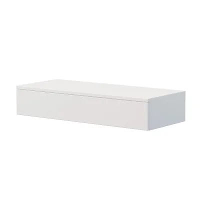 A white, rectangular, floating vanity or cabinet with a single drawer is shown against a white background.