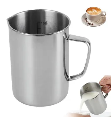 Produktbild von Messbecher Edelstahl 1L mit Griff und Markierung, 1000ml Milk Pitcher mit Tropfschutz