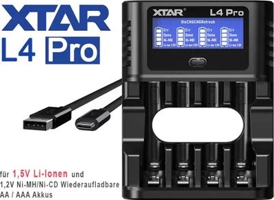Image de Chargeur de batterie XTAR L4 Pro – pour batteries Li-Ion 1,5 V et NiMH/NiCd 1,2 V AA/AAA, recharge vos batteries avec précision et en toute sécurité