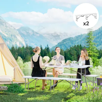 Produktbild von Campingbank klappbar bis 240 kg, Klappbank Partybank, HDPE Kunststoff Metallgestell, Weiß | 182 x 28 x 42 cm | 13 kg