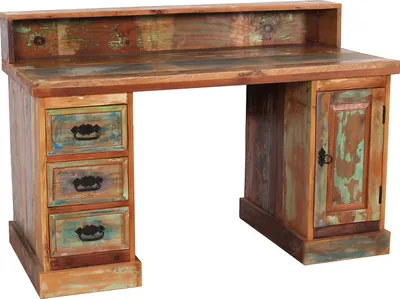 A desk with drawers and a cabinet, made of reclaimed wood with a multi-colored finish.